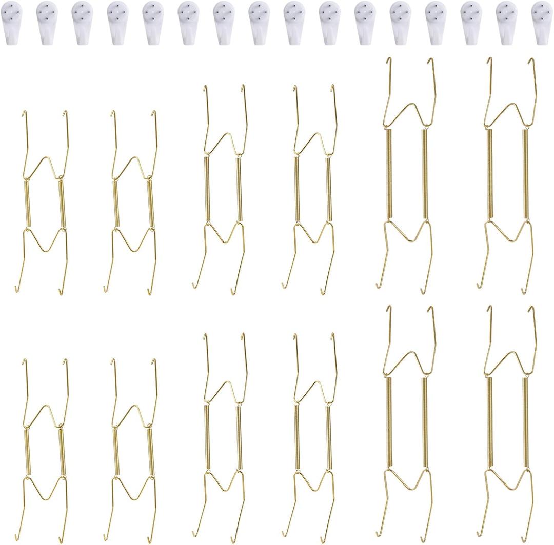 12 Piece Plate Hangers, 8/10/12 Inch Invisible Brass Wall Plate Hangers, Comes with 16 Piece Wall Hooks for Decorative Plates (Gold)