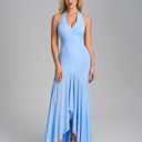 HTZMO Women Formal Sexy V Neck Halter Tie Maxi Dress Bodycon Flowy Wedding Guest Cocktail Elegant Long Dresses Blue L (Blue, L)
