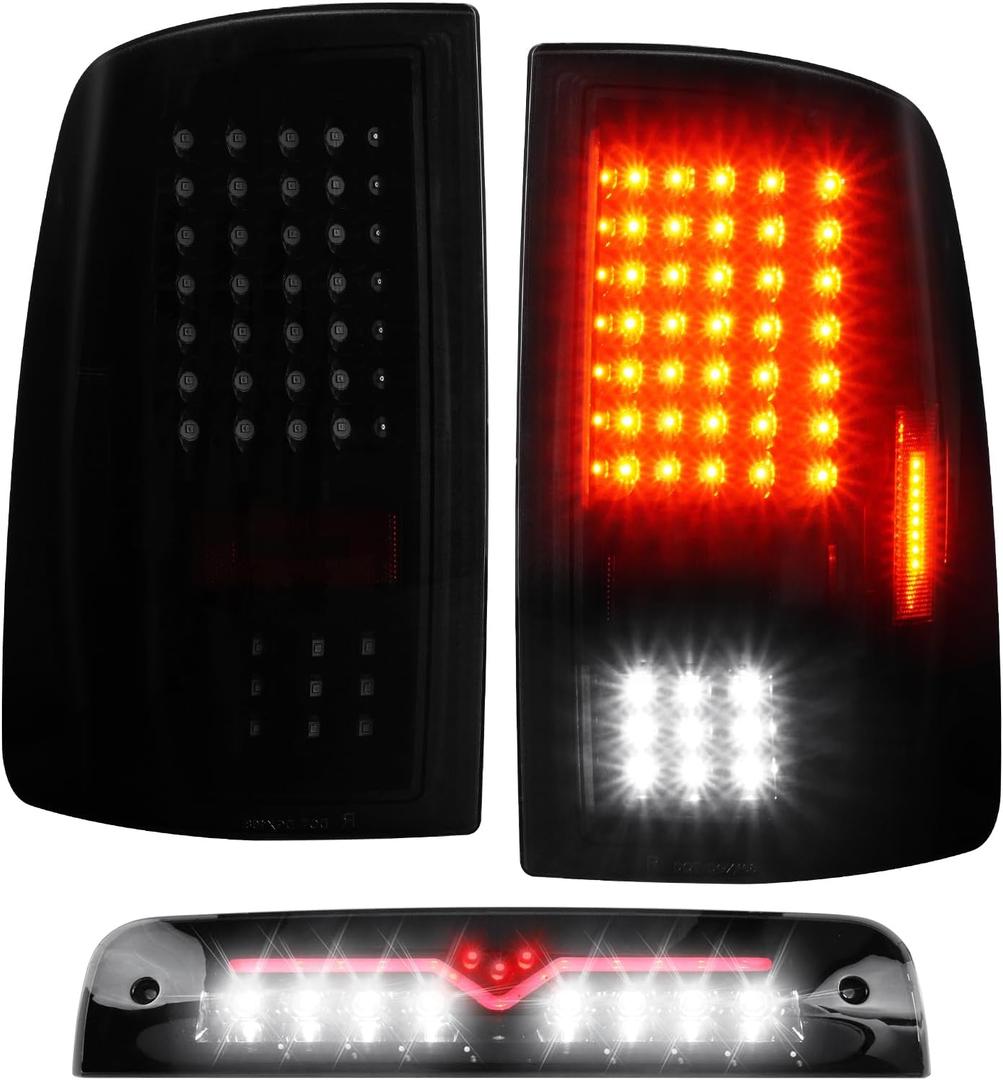 (3 Pack) Black Smoke Lens Taillight Assembly + 3rd Brake Light for 2009-2018 Dodge Ram 1500, 2010-2018 Ram 2500 3500, Only Fit factory Halogen/incandescent and Without Projector Headlights Models