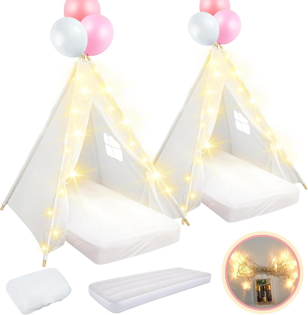 2 Pack Kids Teepee Tent with Mattress,Fitted Sheet,Light String,Washable Natural Cotton Toddler Play Tent for Girls Boys Indoor Outdoor Sleepover Slumber Birthday Party(White), 61.81 x 7.09 x 25.98 inches