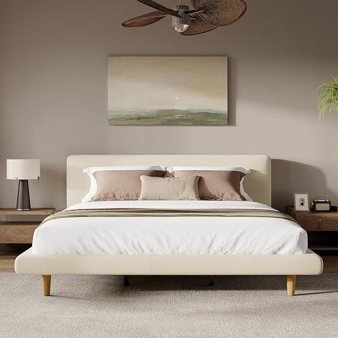Merax King Size Chunky Bed Frame with Headboard and Solid Rubberwood Legs, Upholstered Platform Bed and 800lbs Capacity, No Box Spring Needed, Beige