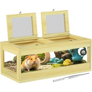Large Hamster Cage, Solid Wood Gerbil Cage, Chewproof Hamster Cages and Habitats, Sliding Doors, Top Ventilation Window, Guinea Pig Cages for Small Animals, Dwarf, Syrian, Mice, 36" x 18" x 12"