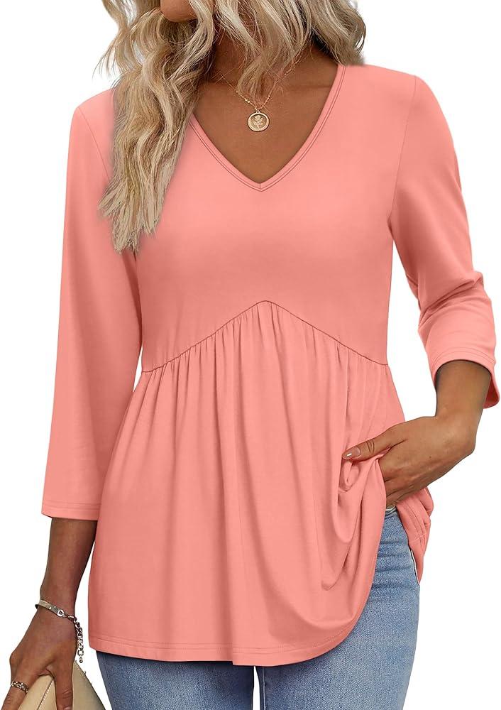 3/4 Length Sleeve Womens Tops 2025 Blouses for Women Dressy Casual Fashion Clothing V Neck Babydoll Tops Fall Outfits, XL
