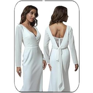 GORAIS Chiffon Blouses Tops Evening Jackets White Wedding V Neck Shrugs Long Sleeves Women's Blouse Tie Knot for Brides, L