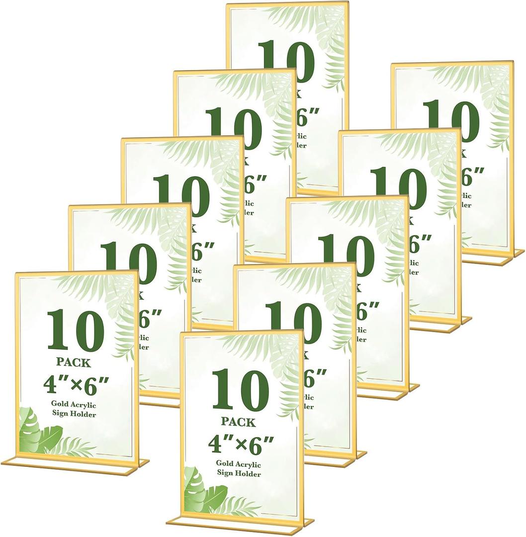 10 Pack Gold Acrylic Sign Holders 4x6 Inch, Double Sided Vertical Stand Clear Picture Frames, Table Menu Display Holders for Wedding Table Numbers, Restaurant Signs, Party and Office Photos