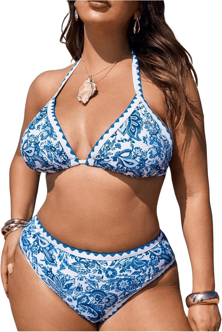 OYOANGLE Women's Plus Size 2 Piece Boho Printed Bikini Swimsuit Triangle Halter Bathing Suit High Waisted Swimwear (XX-Large Plus, Blue and White)