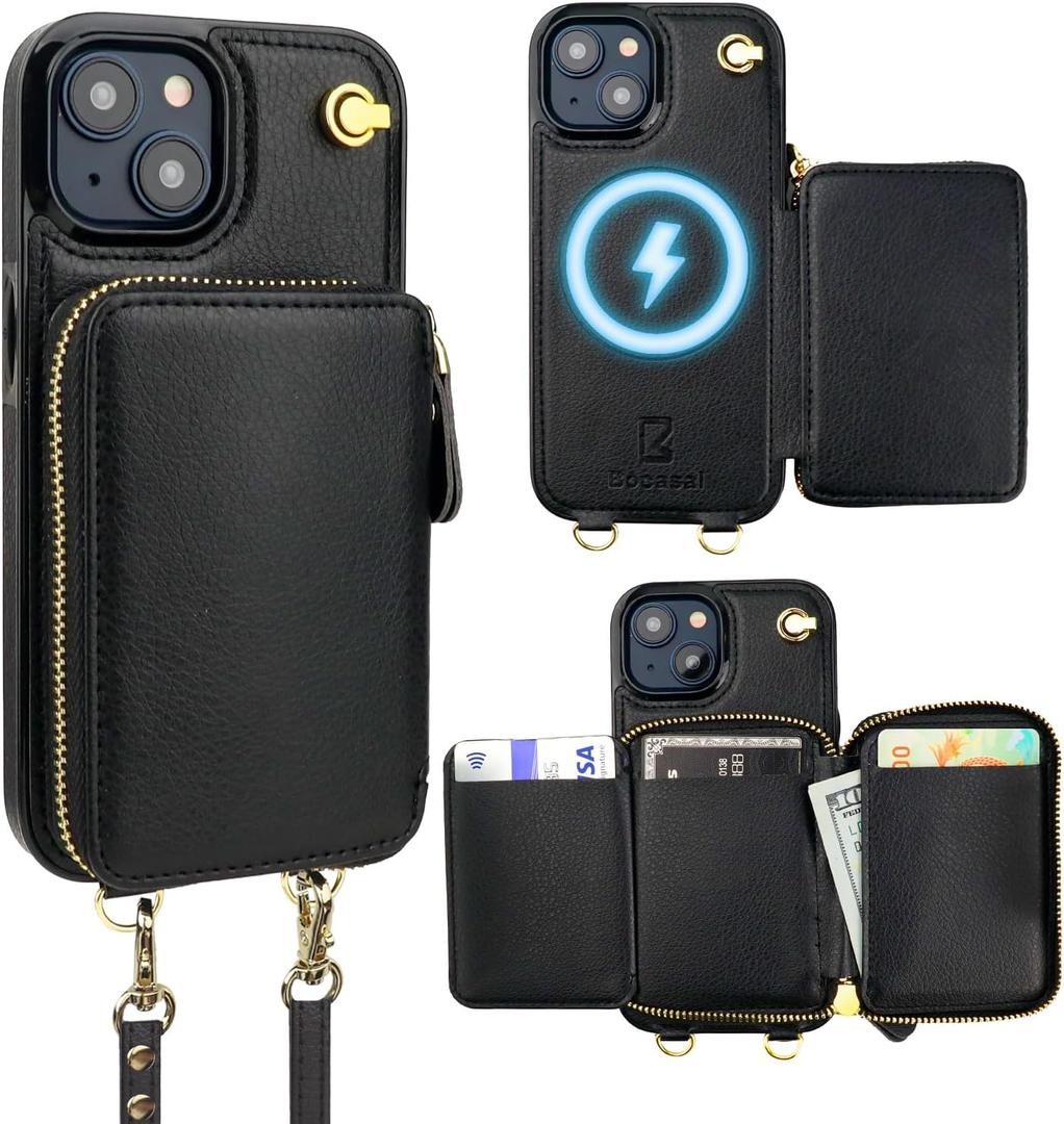 Bocasal for MagSafe Crossbody Wallet Case Compatible with iPhone 15, RFID Blocking Protective Purse Case with Card Slots Holder Kickstand Wrist Strap Lanyard Zipper 6.1 Inch 5G (Black)