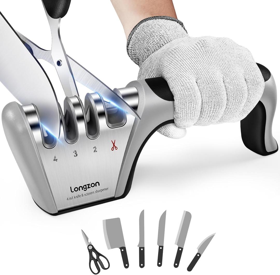 Longzon 4-in-1 Knife Sharpener [4 Stage] with a Pair of Cut-Resistant Glove, Original Premium Polish Blades, Best Kitchen Knife Sharpener Really Works for Fruit Knife and Steel Knives, Scissors