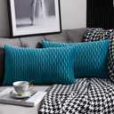 DEZENE Turquoise Throw Pillow Cases 12x20: 2 Pack 12x20 Inch Original Striped Velvet Rectangular Decorative Pillow Covers for Farmhouse Couch (20" x 12" (Pack of 2))