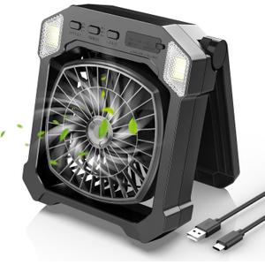 Camping Fan Battery Powered & Solar Powered, Portable Solar Fan 10000mAh Rechargeable Outdoor Fans with Light, Quiet Cordless Fans for Tent, RV, Emergency, Hiking, Power Outage, Desk, Survival Kit