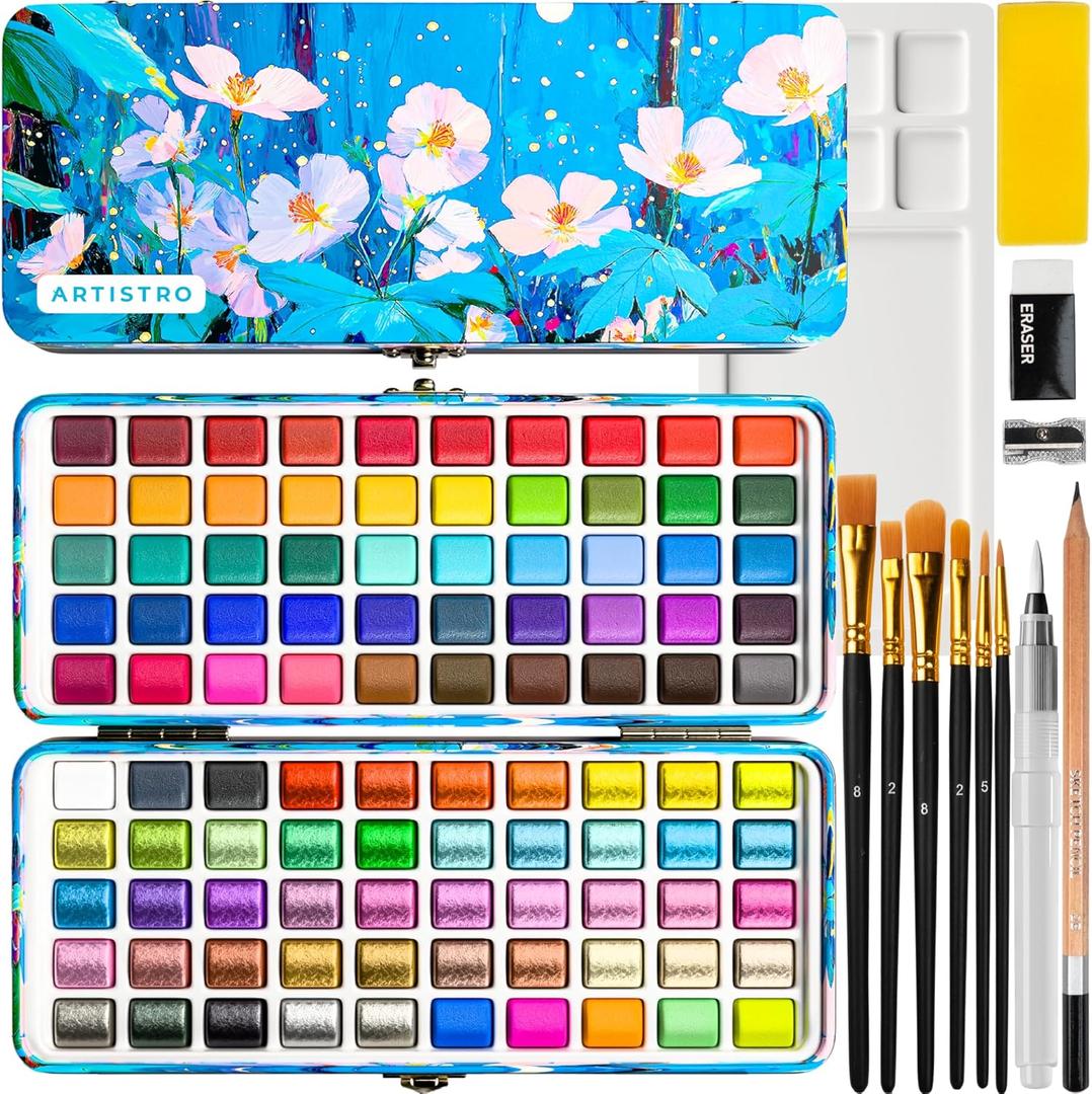 ARTISTRO 100 Ultimate Watercolors Paint Set  Vivid Colors in a Portable Box  Travel Watercolor Set with Complete Palette