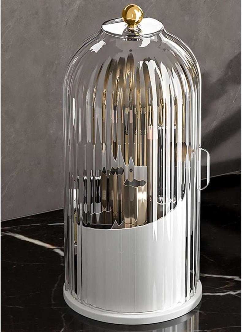 Skatx 360°Rotating Makeup Brushes Holder with Lid，Make Up Organizers and Storage for Vanity Countertop or Bedroom Dresser（Transparent White）