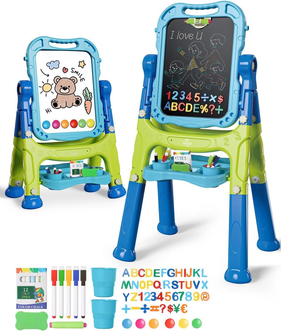 Lehoo Castle Easel for Kids, 4 in 1 Double Sided Kids Art Easel with Magnetic White Board & Chalk Board, Adjustable Standing Toddler Easel with Drawing & Writing Accessories - Gift for Boys and Girls (Dark Blue, Light Blue, Green)