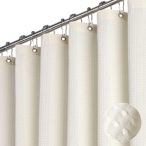 Dynamene Extra Wide Shower Curtain - 84 Inch Wide Waffle Weave Weighted Thick Cloth Bathroom Shower Curtain, Neutral Heavy Duty Hotel Bath Curtain Set with 14 Plastic Hooks, 84x72, Cream/Ivory