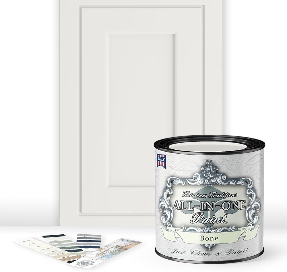 ALL-IN-ONE Paint, Durable cabinet and furniture paint. Built in primer and top coat, no sanding needed. Includes our 30 featured color card - Bone (off white), Quart (32 Fl Oz (Pack of 1))