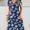 MSBASIC Womens Summer Wrap V Neck Casual Dresses Floral Short Sleeve A-Line Midi Sundress (Blue, M)