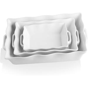 Sweejar Casserole Dishes for Oven, Ceramic Bakeware Set of 3, Rectangular Baking dish with Handles, Wave Edge Lasagna Pan Deep for Cooking, Cake, Dinner, Banquet and Daily Use (White)