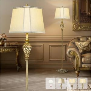 Vintage Floor Lamp for Living Room, 65" Tall Lamp with Nightlight and Beige Faux Silk Shade, Farmhouse Standing Lamp for Bedroom, Office Corner, or Study, Elegant Rustic Home Decor (LED Bulb Included) (Antique Brass-No Tray)