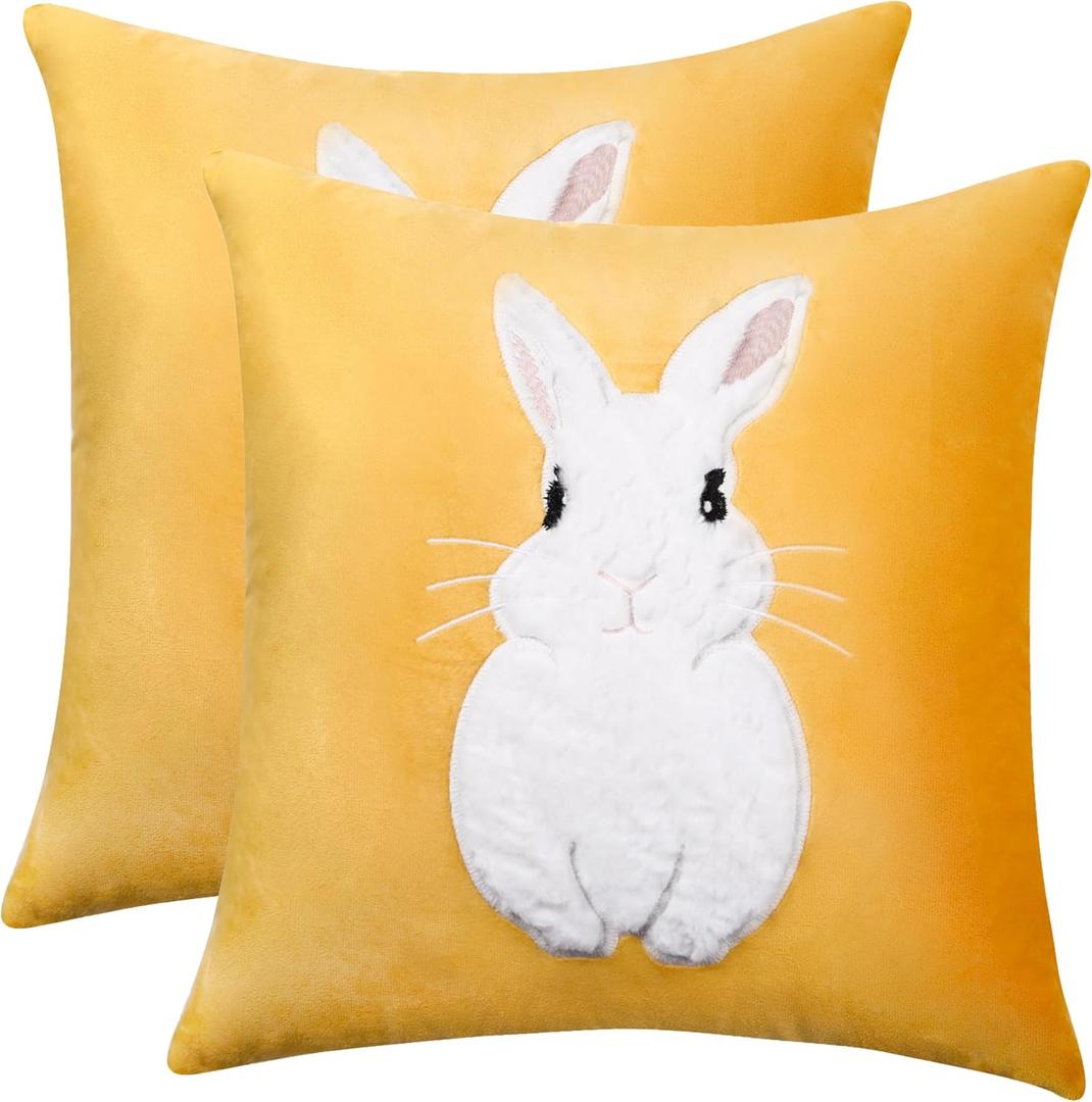 Happy Easter Pillow Covers 18X18 Inch Set of 2 Cute 3D Embroidered Yellow Bunny Easter Decor Pillow Case Spring Farmhouse Pillows Easter Decorative Soft Velvet Throw Cushion Cover for Home Sofa