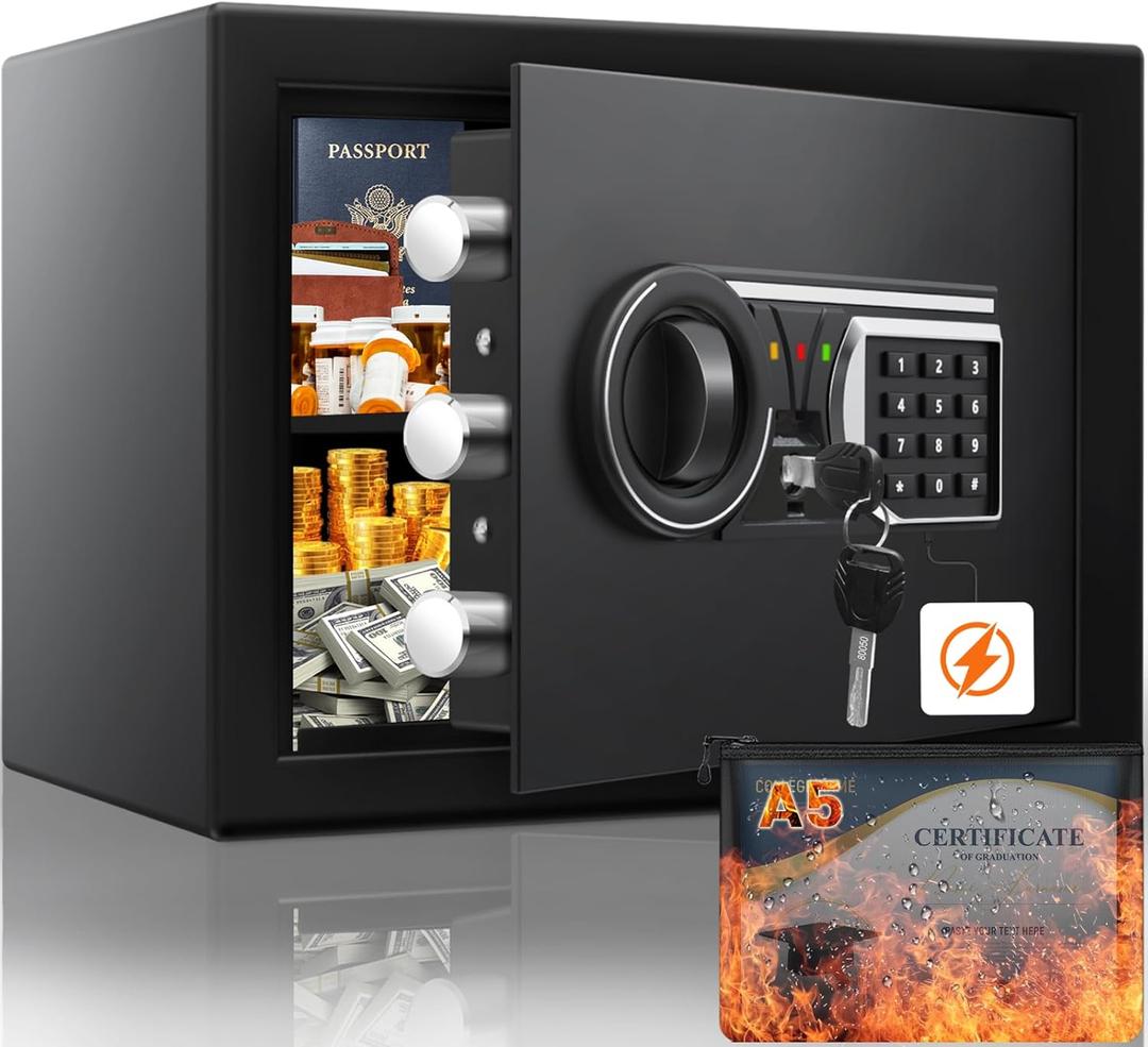 1.2 Cu Ft Fireproof Home Safe, Small Safe with Keypad and Removable Shelf, Digital Home Security Safety Box for Money Firearm Medicines Valuables