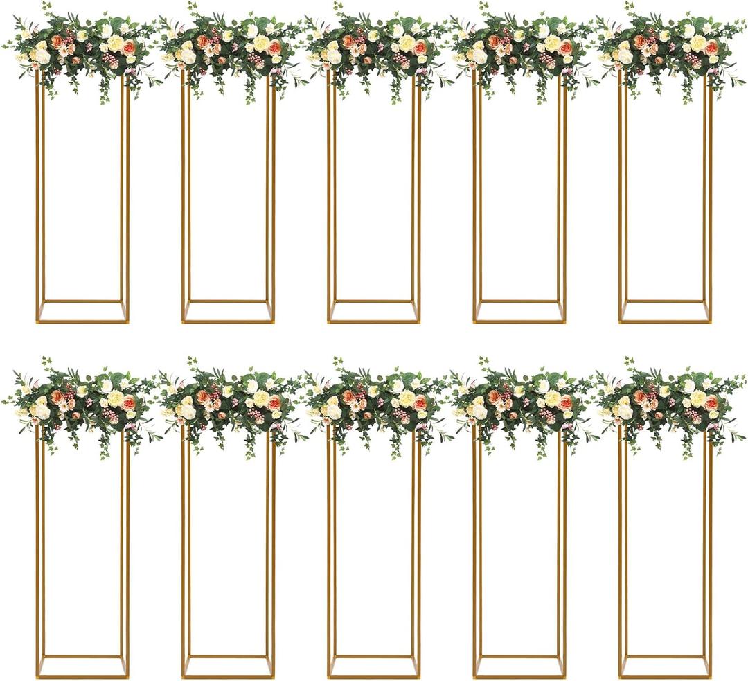 Gdrasuya10 23inch/60cm 10Pcs Gold Flower Stand for Centerpieces, Gold Vase Metal Column Stand, Wedding Flower Stand Tall, Rectangular Frame Flower Stand Geometric Stand for Wedding Party Decoration