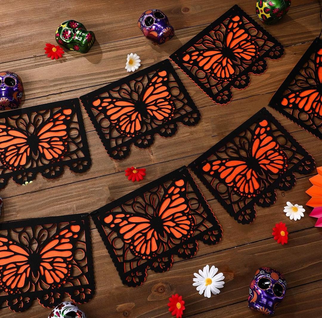Janinka 92 Pcs Dia De Los Muertos Banner Felt Mexican Monarch Butterfly Banners Fiesta Picado Hanging Flags Day of The Dead Decorations for Ofrenda Supplies Halloween Mexican Party Favor