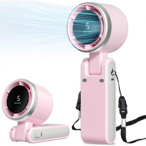Portable Fan, Mini Fan, Handheld Turbo Fan, Portable Rechargeable Fan, 5-Speed, LED Display, Foldable Design (Pink)