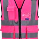 A-SAFETY Pink Safety Vest with Pockets Hi Viz Zipper Front Working Safety Vest with Reflective Strips,Large