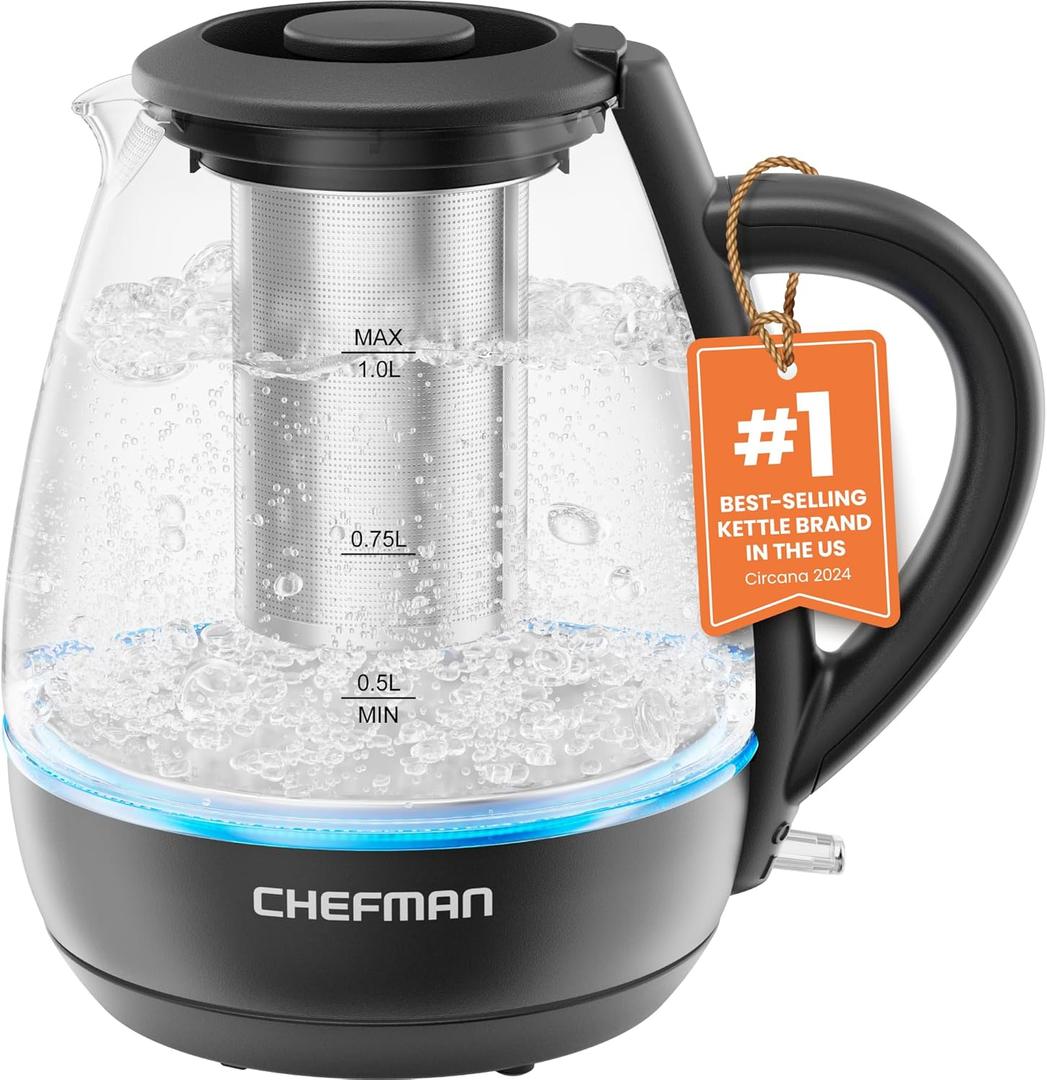 Chefman Electric Kettle with Tea Infuser, 1L 1500W, Removable Lid for Easy Cleaning, Boil-Dry Protection, Stainless Steel Filter, BPA Free, Auto Shut Off Hot Water Boiler, Small Electric Tea Kettle (1 Liter, Black)