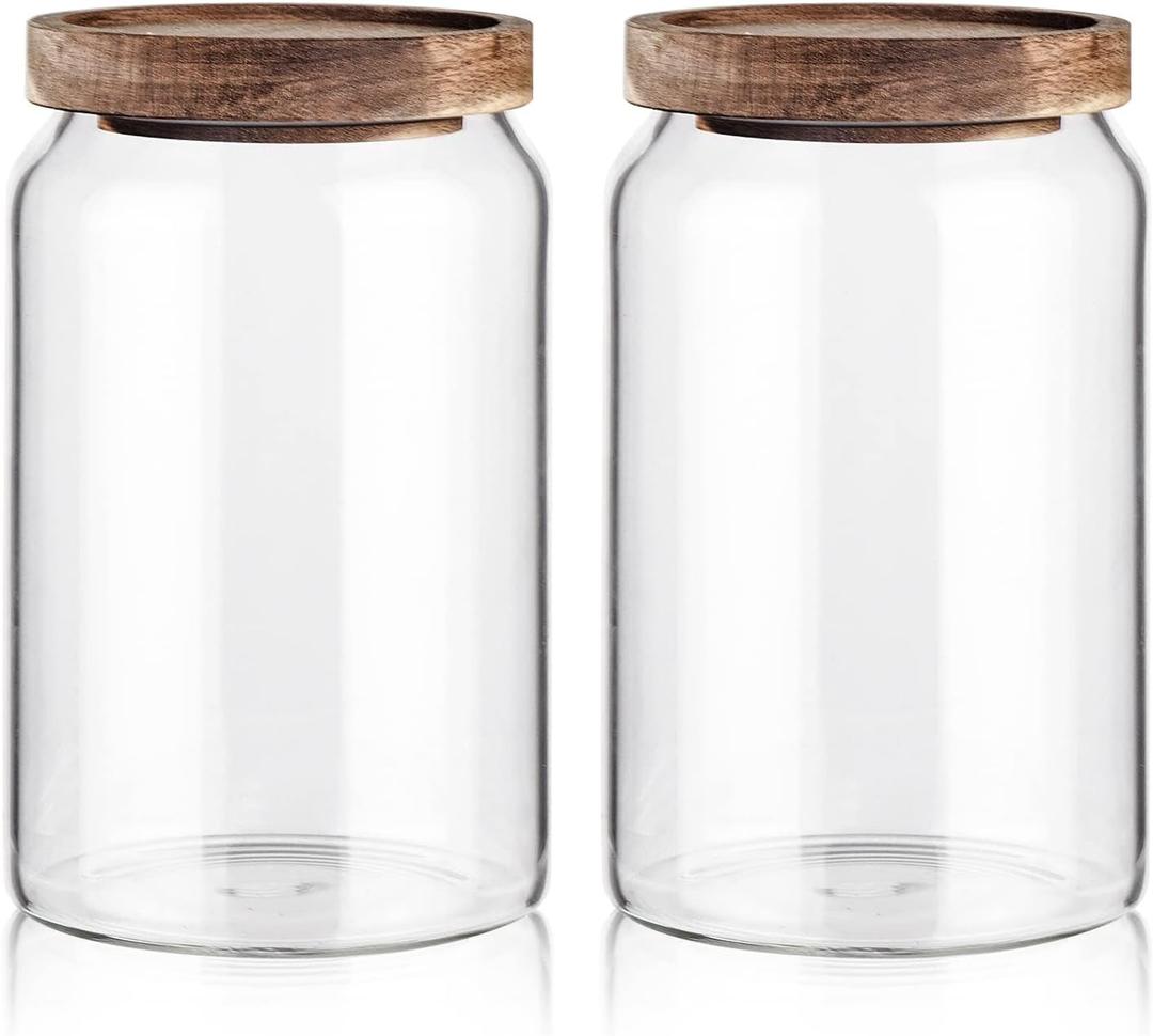 Labina Glass Storage Container Airtight Food Jars Kitchen Canister with Wood Lids, 33 Oz Wide Mouth Pantry Organization Glass Jar for Flour, Sugar, Cookie, Spagetti, Nuts and Candy (2 Pack)
