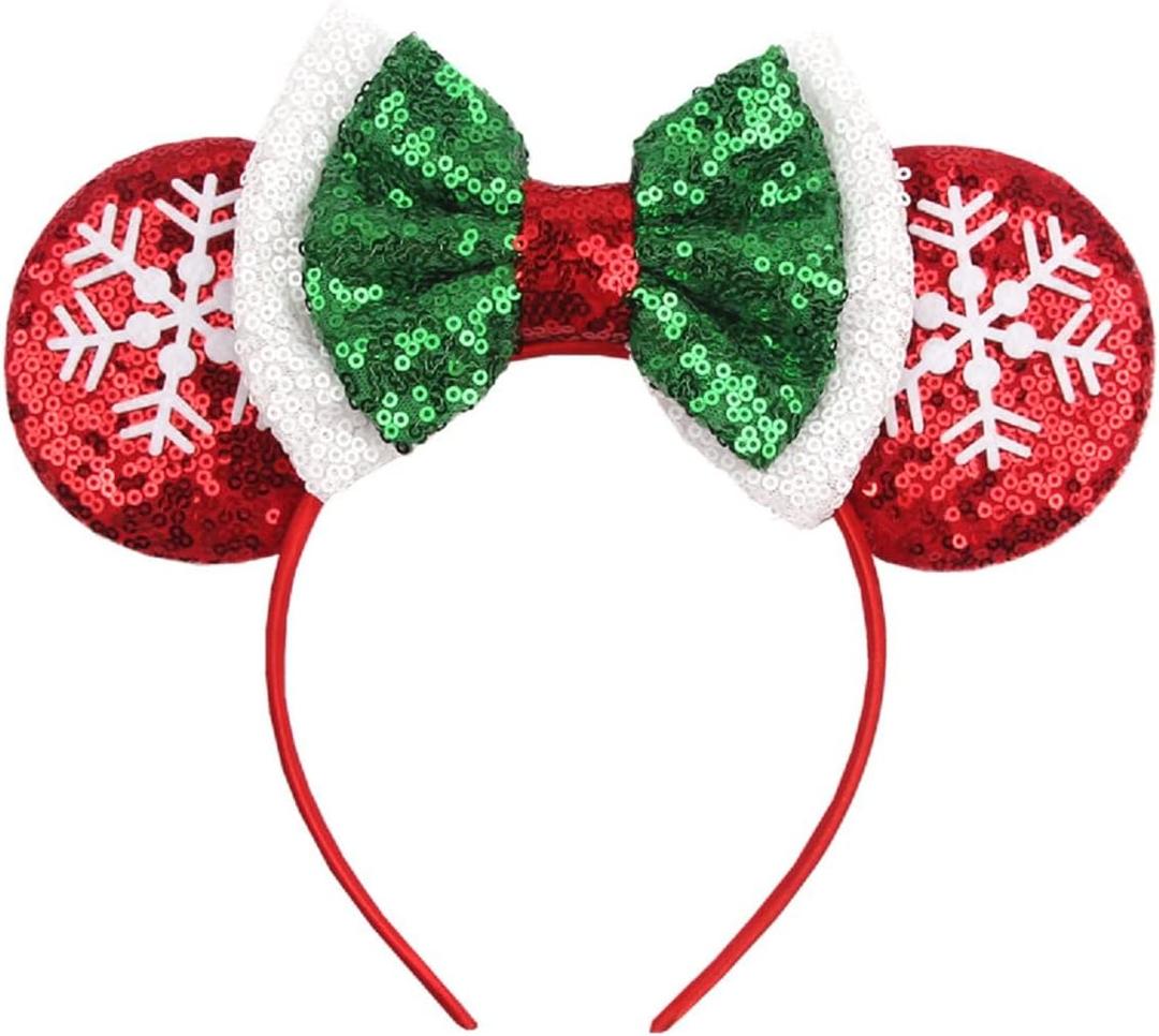 LSHDXD Christmas Mouse Ears Bow Headband Hair Hoop, Glitter Snowflake Hair bands for Christmas Party Supplies Hot Pink Princess Dress Up