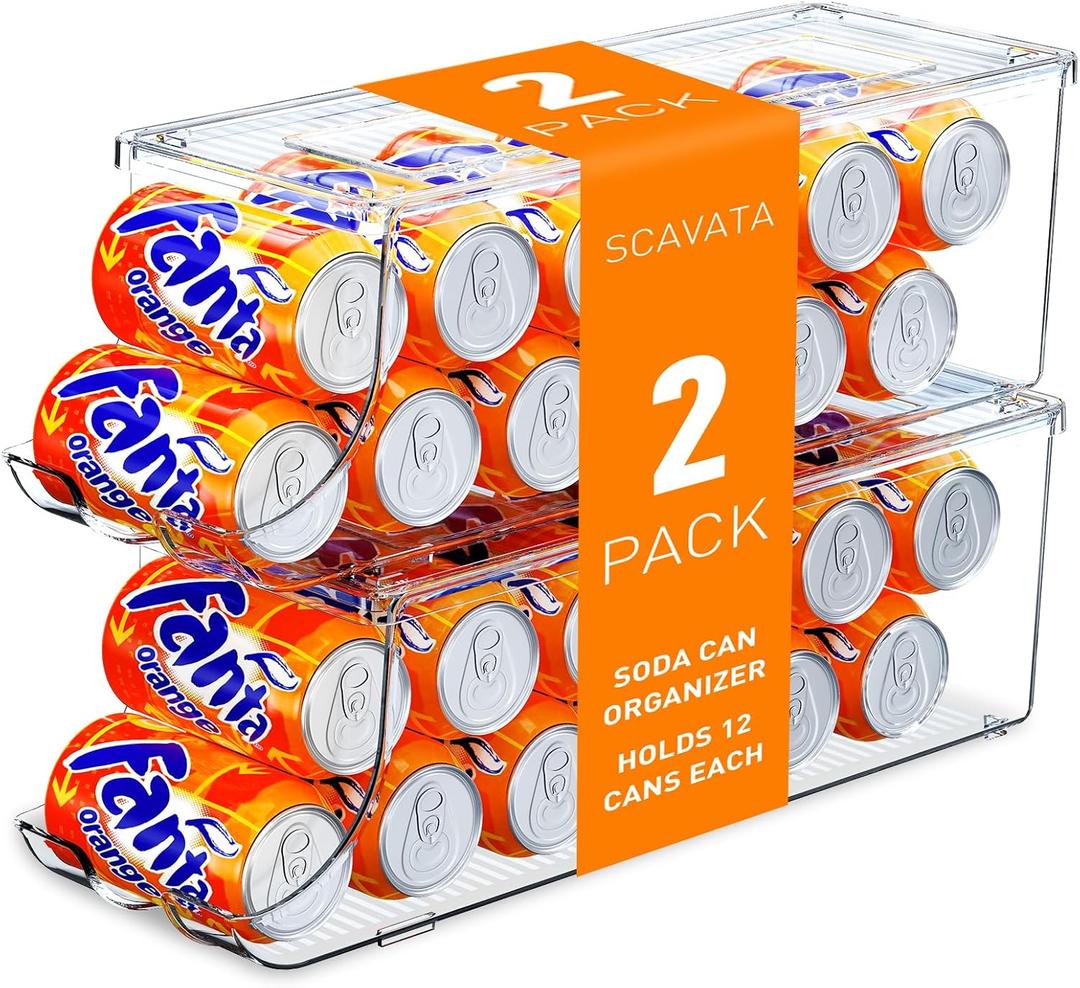 SCAVATA 2 Pack Soda Can Organizer for Refrigerator, Stackable Canned Food Pop Cans Container Can Holder Dispenser with Lid for Fridge Rack Freezer, Clear Storage Bins-Holds 12 Cans Each (Clear)