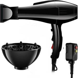 Professional Hair Dryer Blow Dryer Negative Ions 3500W Powerful Fast Drying Low Noise Long Cord Quick Dryer with Nozzle and Diffuser Hair Blow Dryer with 2 Speed and 3 Heat Settings