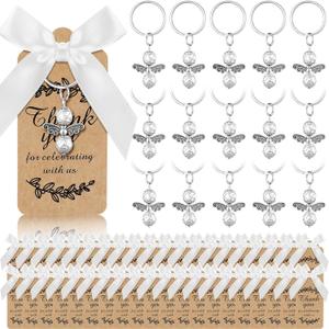 Sureio 40 Sets Baptism Favors Angel Keychains Silver Angel Charm Keychain with Thank You Tags and White Bows Guest Gifts for Baby Shower Baptism Favors Wedding Bridal Party Supplies