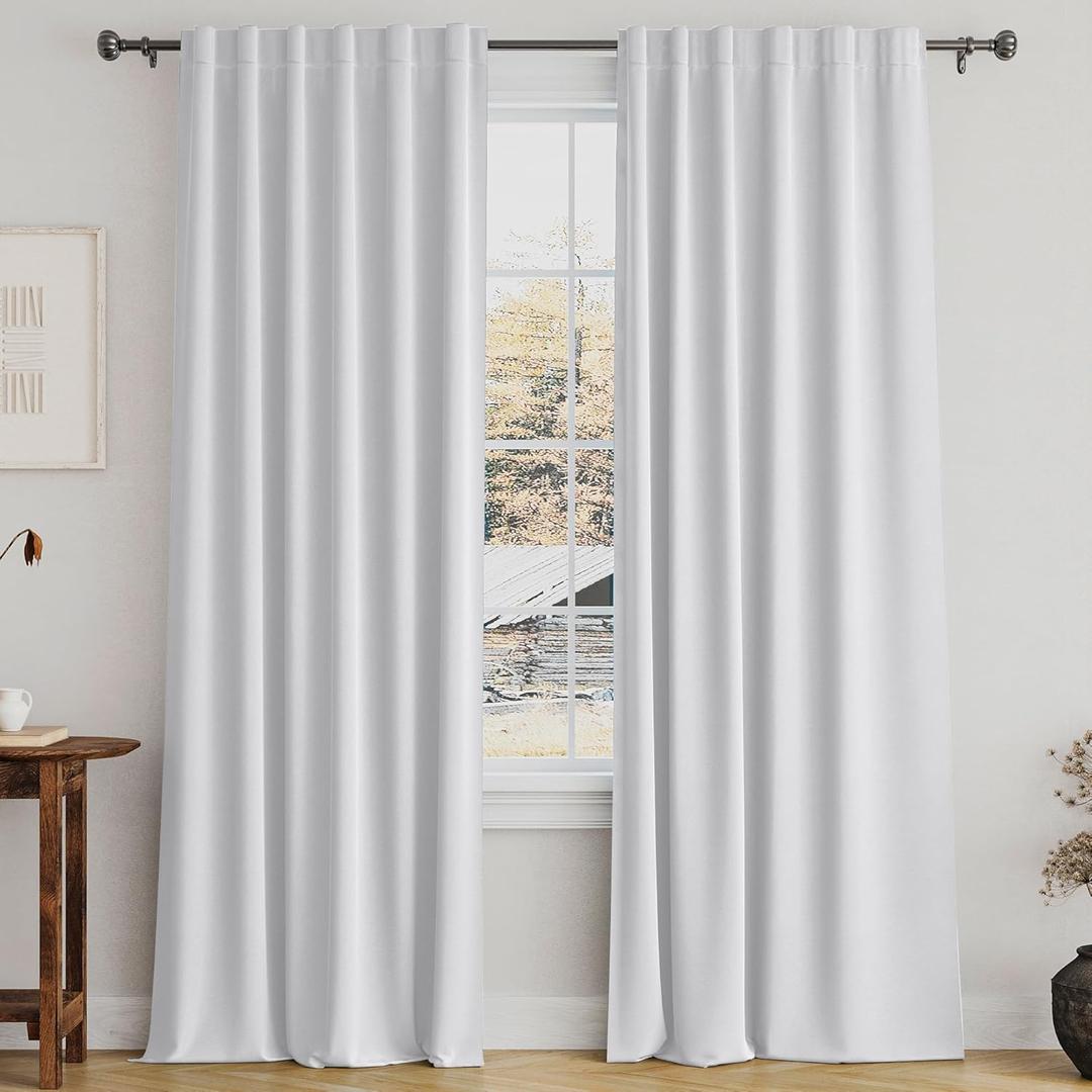 Turquoize White Curtains 100% Blackout Curtains for Bedroom 96 Inch Long Thermal Insulated Back Tab/Rod Pocket Black Out Window Treatment Panels for Living Room, 2 Panels, 52W x 96L,Greyish White