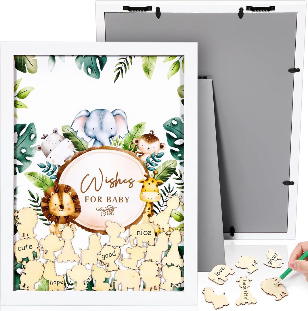Unittype 71 Pcs 15.8 x 11.8 x 0.6inch Baby Shower Guest Book Alternative with 70 Wood Slices Set Baby Shower Decoration Photo Frame Signature Keepsakes for Birthday Table Centerpiece(Green,Animal)