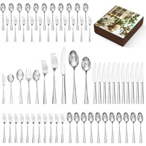 KINGSTONE Silverware Set for 12, 65-Piece Forged 18/10 Stainless Steel Flatware Set, Mirror Finish Cutlery Set Dishwasher Safe for Home, Restaurant, Wedding, Party