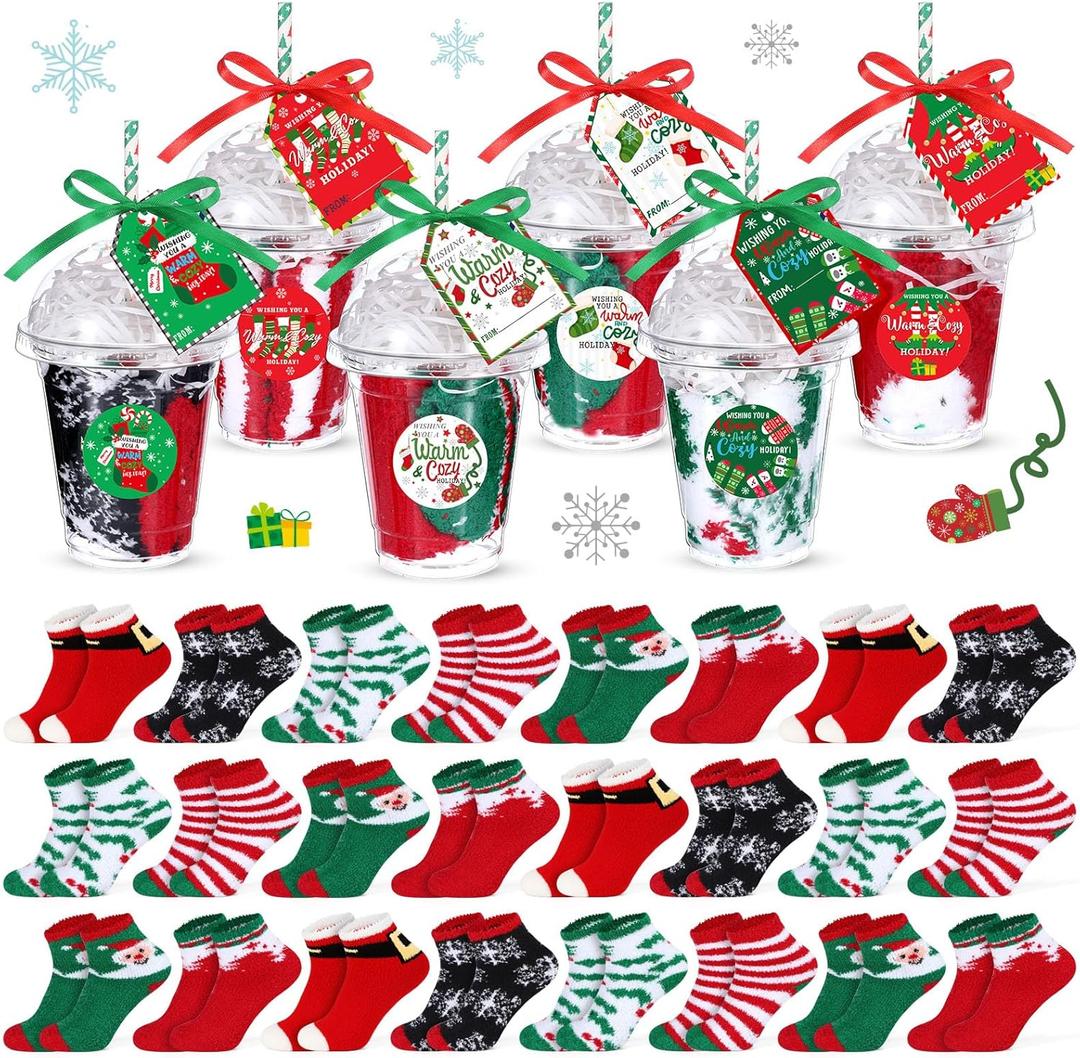 Capoda 24 Pairs Christmas Fuzzy Socks for Women Xmas Holiday Gifts Set Bulk 24 Pack Warm Fluffy Coral Fleece Sock Women Girl(Santa)