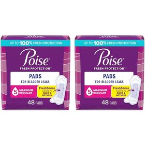 Poise Incontinence Pads, Maximum Absorbency, Regular, 48 Count (Pack of 2)