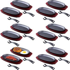 Mifoci 12 Pcs Oval Cast Iron Fajita Skillet Pan Set Small Sizzling Steak Plate with Wooden Base and Handle Cast Iron Fajita Skillet Sizzling Plate for Restaurant, BBQ, Wedding (9.5 in x 5.5 In)