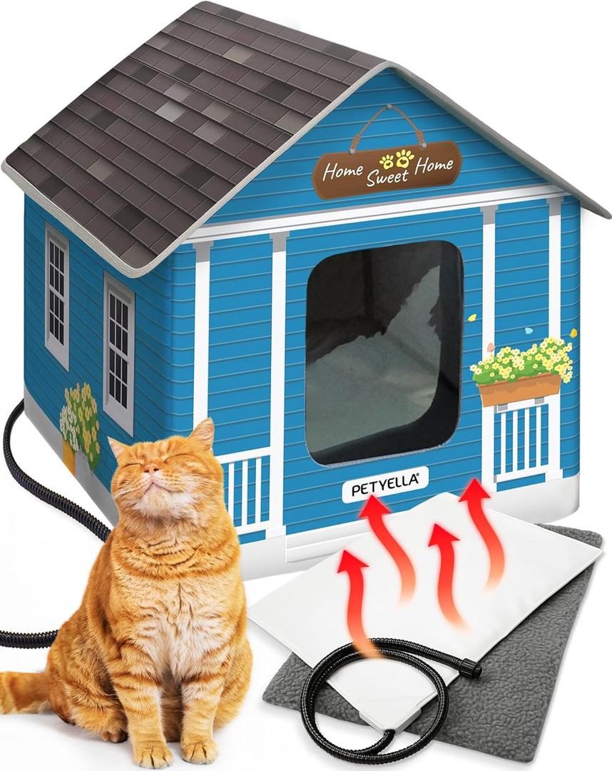 Deluxe Heated Cat House for Winter - Weatherproof, Insulated, Easy Assembly, Cat Heating Pad, Dual Escape Doors, Outdoor & Indoor Cat House - Blue Tiles Pethouse