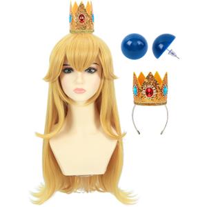 morvally Blonde Princess Cosplay Synthetic Wig with Crown and Earrings for Adult Women Long Wavy Costume Wig Set for Halloween Party (Adults Blonde)