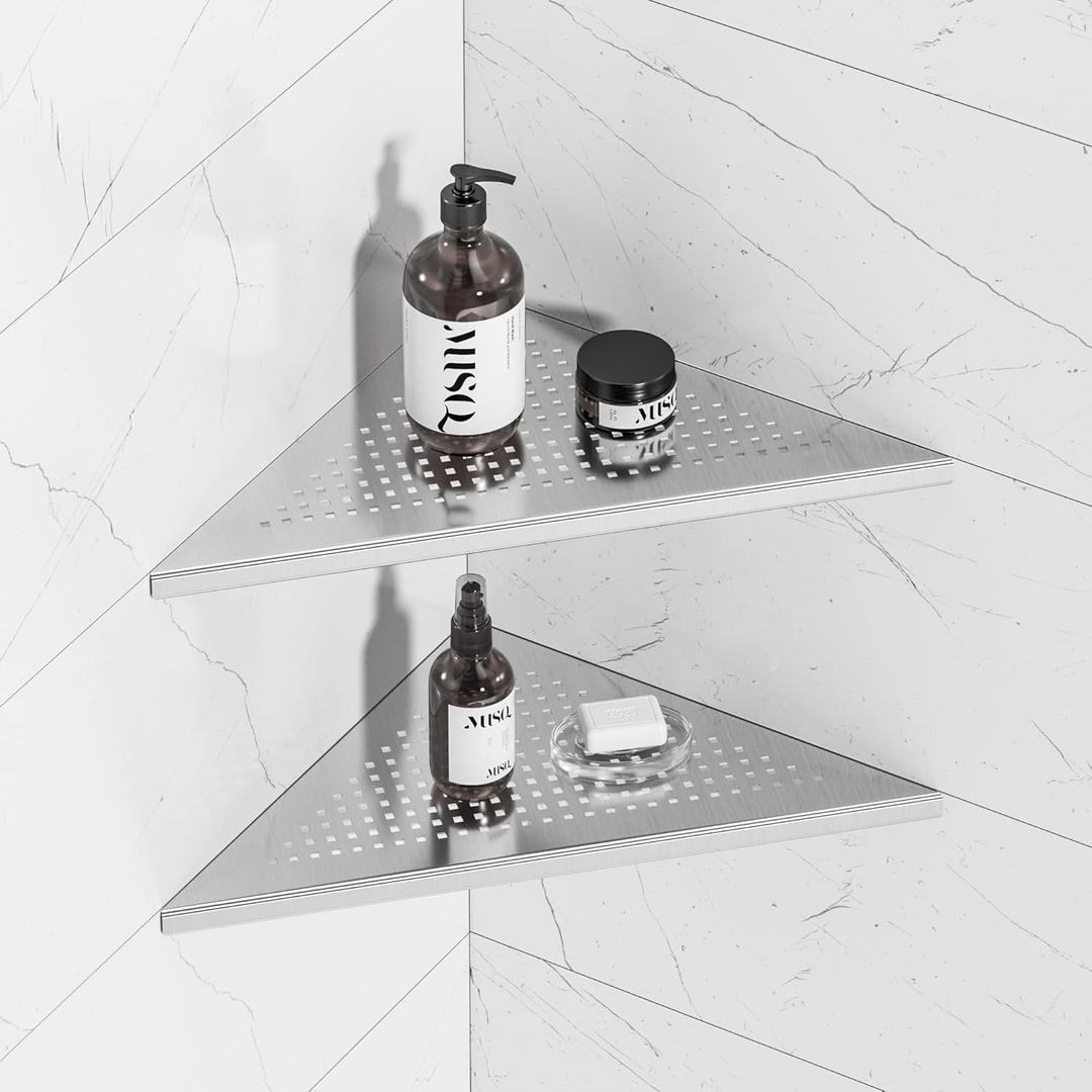 Neodrain 12 Inch Brushed Corner Wall Shelf Set of 2, Floating Corner Shelves for Wall, 304 Stainless Steel Wall Storage Shelves for Bathroom,No Drilling