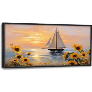 Large Sailboat Wall Art for Living Room Big Sea Sailboat Wall Decor Coastal Nautical Canvas Prints Painting Seascape Pictures Ocean Sunrise Sunset Decorations for Bedroom Office Framed Gifts 30"x60"