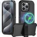 Magnetic for iPhone 15 Pro Case,with Belt Clip,[Compatible with Magsafe] W/Tempered Glass Screen Protector,Anti-Drop,Shockproof,Heavy Duty Protection (Black)