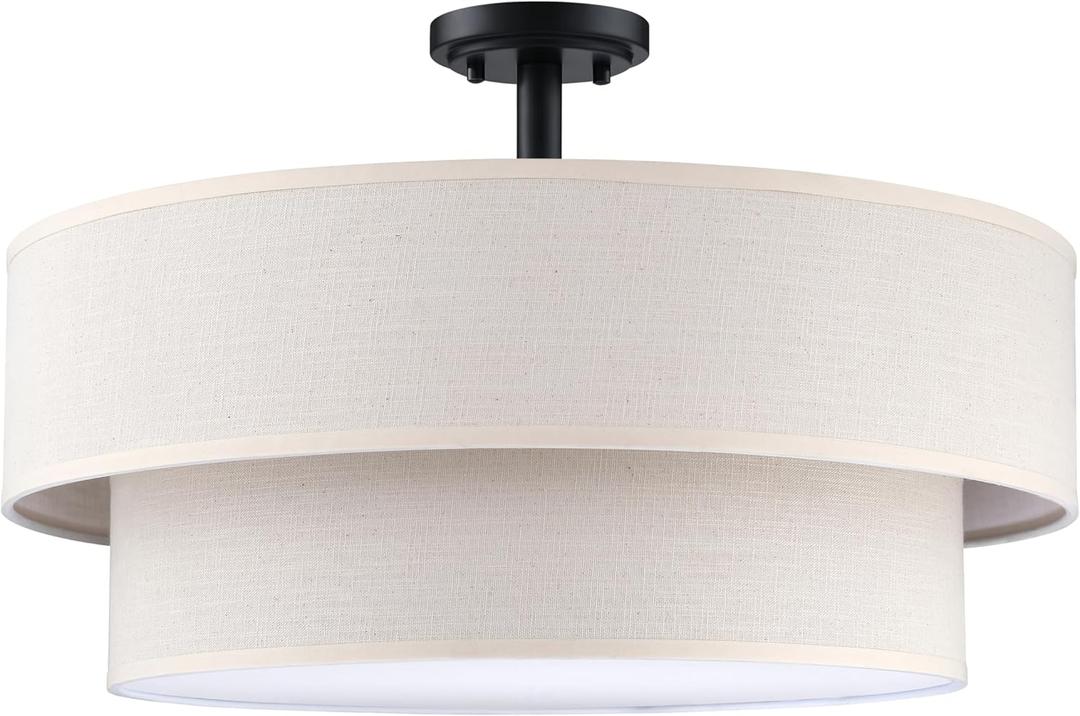 4 Light Semi Flush Mount Close to Ceiling Light Fixture,Linen Fabric Shade Black Finish 20 inch for Bedroom,Living Room,Dining Room Hallway