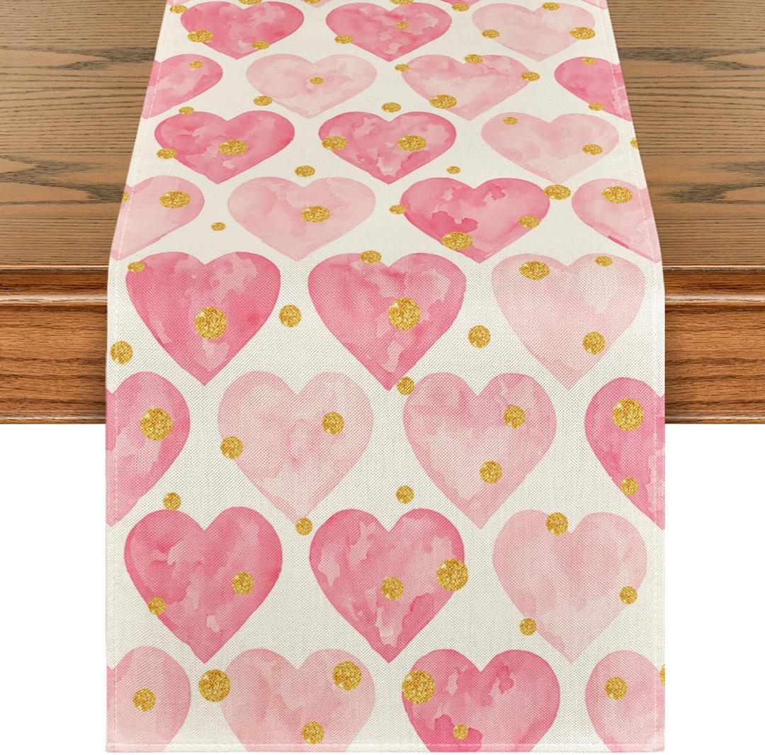 Artoid Mode Golden Pink Love Table Runner, Seasonal Anniversary Kitchen Dining Table Decoration for Home Party 13x90 Inch