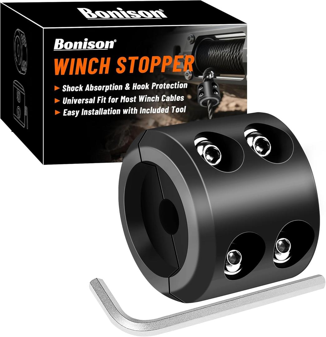 Bonison Winch Stopper for Cable. Truck UTV ATV Rubber Winch Cable Stopper, Protects Towing Hook, Synthetic Rope, Cable Line from Wear or Damage, Hawse, Bumper. (Black Winch Stopper)