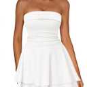 IWD Strapless Tube Dress for Women Ruched Waist Summer Mini Corset Dresses Flowy Tiered Ruffle Cute Short Graduation Dress, White X-Small