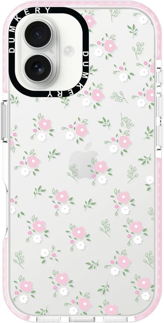 Dumkery Cute Flowers Phone Case Compatible with iPhone 16 Plus Clear Case with Floral Leaf Aesthetic Pattern, Soft TPU Shockproof Bumper Cover for Girls Women, Pink